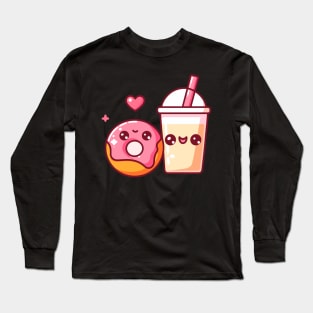 Kawaii Donut and Milkshake with a Heart | Cute Kawaii Gift for Couples Long Sleeve T-Shirt